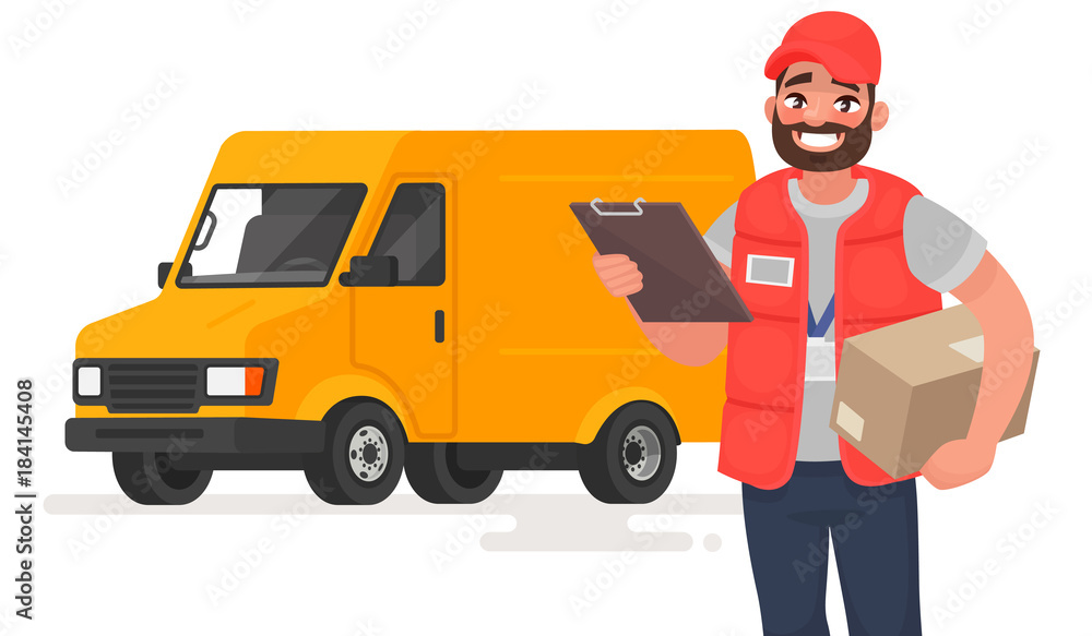 Smiling man courier with parcel on the background of a lorry. Vector illustration Smiling man courier with parcel on the background of a lorry. Vector illustration