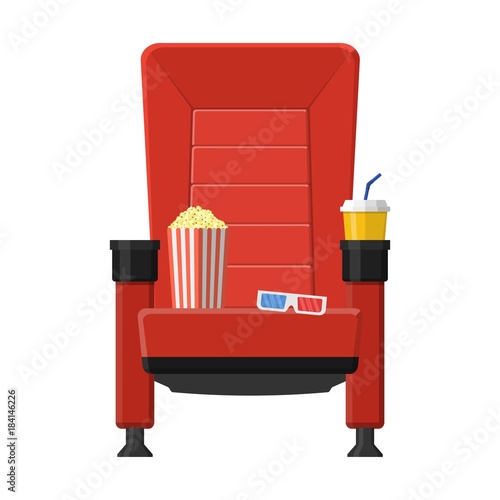 Cinema seat with popcorn, drinks and 3D glasses isolated on white background. Red comfortable armchair movie and film vector illustration