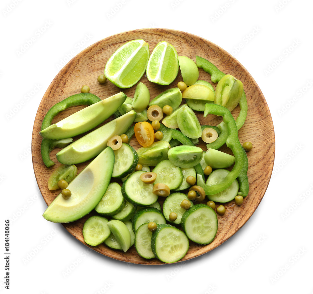 Plate with delicious vegetable salad on white background Plate with delicious vegetable salad on white background