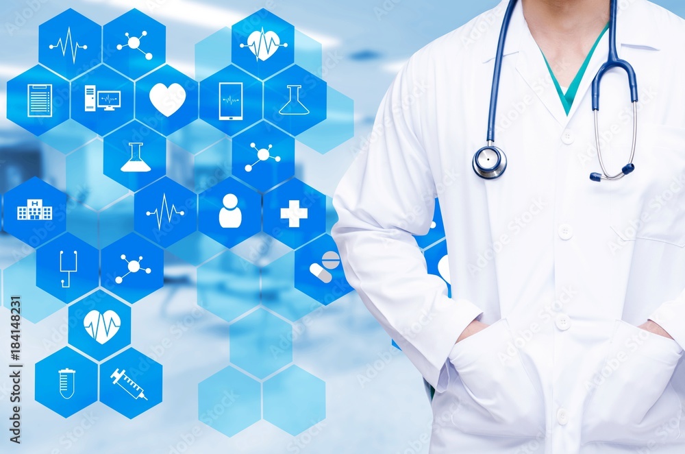 smart doctor with a stethoscope on blurred hospital background and medical  icon in hexagonal shaped pattern background, science, health care and  medical technology concept Stock Photo | Adobe Stock