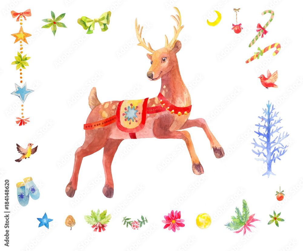 Obraz premium Watercolor Christmas set of deer and other winter elements
