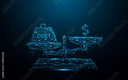 Abstract debt weight and money symbols on scale icon from lines and triangles, point connecting network on blue background. Illustration vector