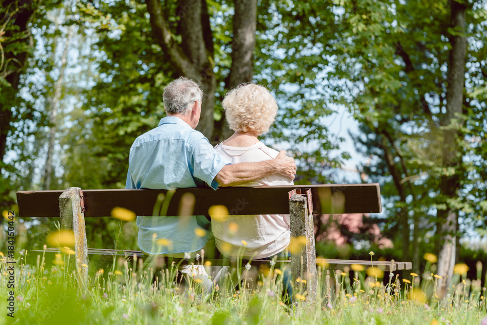 Rear view of a romantic elderly couple enjoying nature while sitting together on a bench in a tranquil day of summer in the park Rear view of a romantic elderly couple enjoying nature while sitting together on a bench in a tranquil day of summer in the park