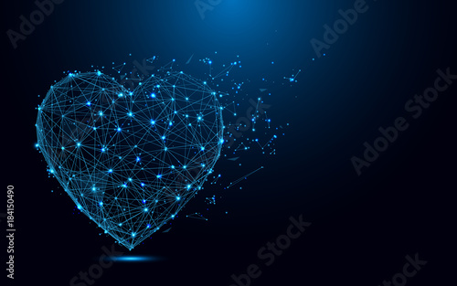 Abstract Heart icon from lines and triangles, point connecting network on blue background. Illustration vector