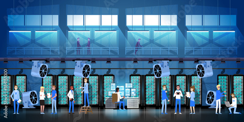 Bitcoin Mining Farm In Data Center Room Hosting Serve Digital Crypto Currency Modern Web Money Vector Illustration