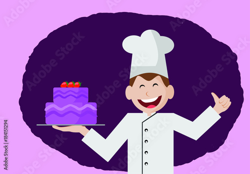 Happy chef holding strawberry cake illustration vector