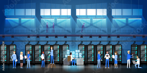 People Working In Data Center Room Hosting Server Computer Monitoring Information Database Flat Vector Illustration