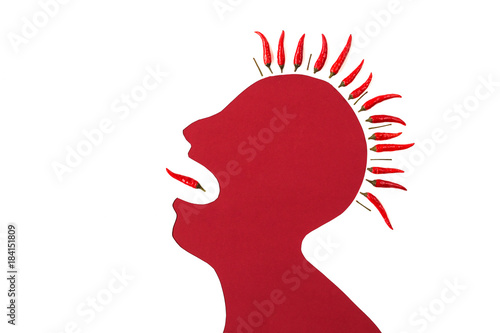 concept of human disease - abstract white male man with iroquois isolated on red background shouted a mouth from the sharp pain or burning on tongue, burning pain such as spicy chili.
