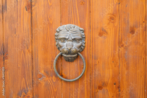 Ancienne porte avec le heurtoir en metal en forme de tête de lion.