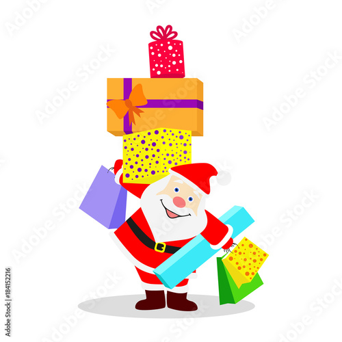 Santa Claus holding a bunch of boxes with Christmas gifts