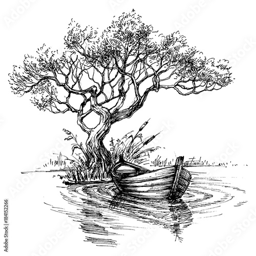 Boat on water under the tree sketch wallpaper
