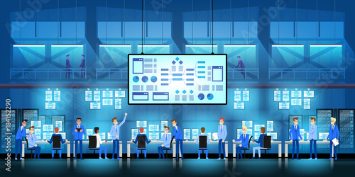 IT engineers in big data center work on new technology government project with server rooms and computers.