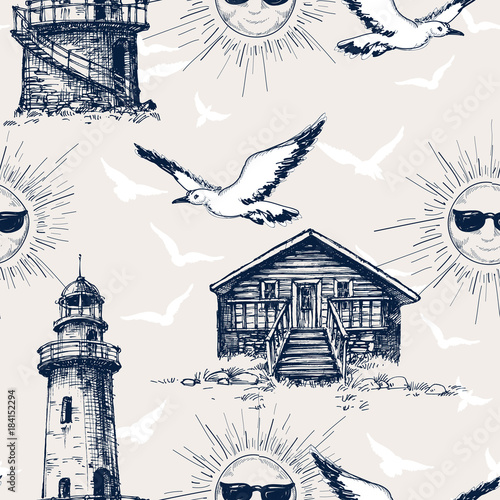 Lighthouse, cabin and sunny holiday and vacation seamless pattern