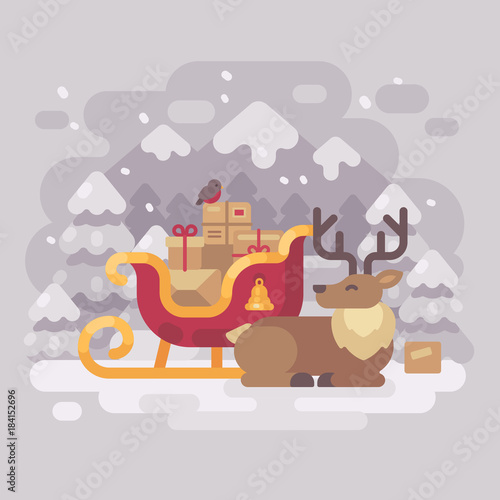 Fototapeta Naklejka Na Ścianę i Meble -  Cheerful Santa Claus reindeer lying down near sleigh with presents in a snowy winter mountain landscape. Christmas greeting card flat illustration