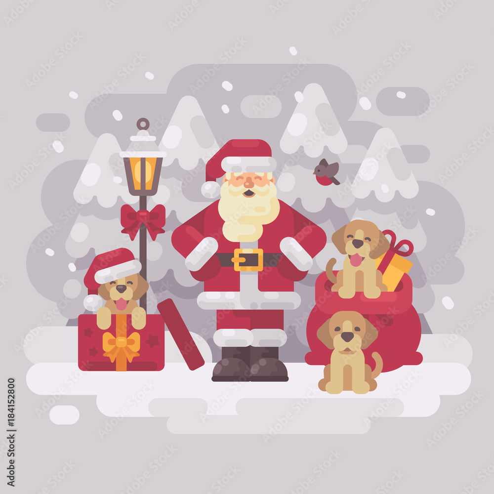 Cheerful Santa Claus with three puppies and a bag of presents standing in a white winter forest. Christmas greeting card. Winter background flat illustration Cheerful Santa Claus with three puppies and a bag of presents standing in a white winter forest. Christmas greeting card. Winter background flat illustration