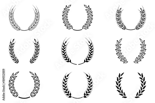 Black laurel wreath - a symbol of the winner. Wheat ears or rice icons set.