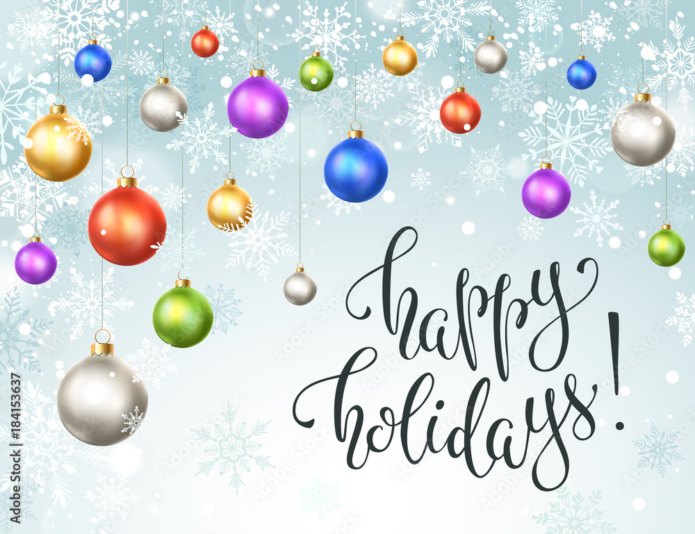 Happy holidays greeting card. Colorful and bright Merry Christmas balls with snowflakes on blue background. New Year vector illustration. Horisontal composition from Christmas balls. Happy holidays greeting card. Colorful and bright Merry Christmas balls with snowflakes on blue background. New Year vector illustration. Horisontal composition from Christmas balls.