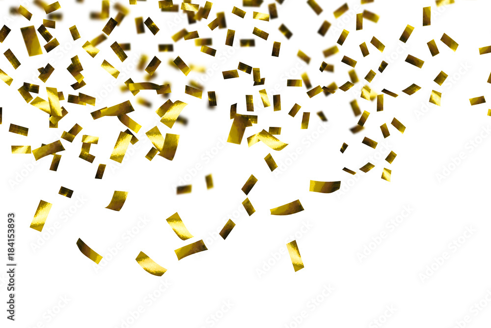 goldener konfetti regen, fallendes goldkonfetti isoliert auf weiß - obrazy, fototapety, plakaty 
