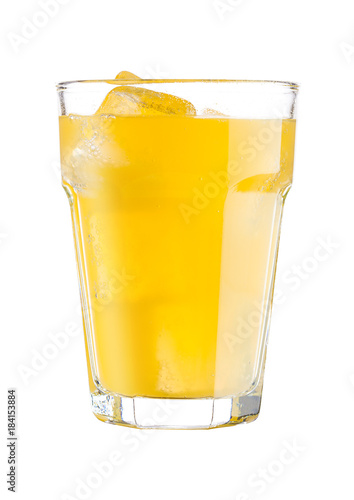 Glasses with orange soda drink and ice cubes
