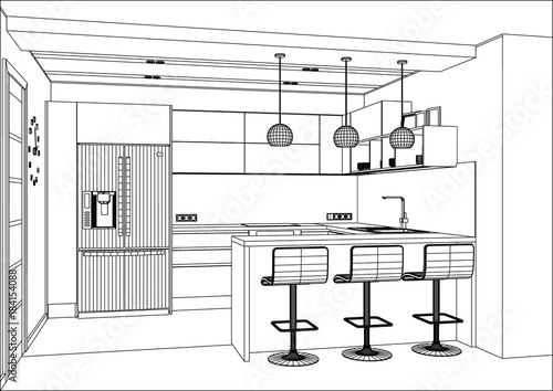 3D vector sketch. Modern kitchen design in home interior. Kitchen sketch with decorations and appliances. Ball pendant light. Kitchen peninsula in the room. Large fridge. Bar stools.