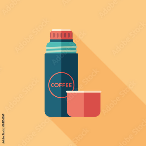 Coffee thermos flat square icon with long shadows.