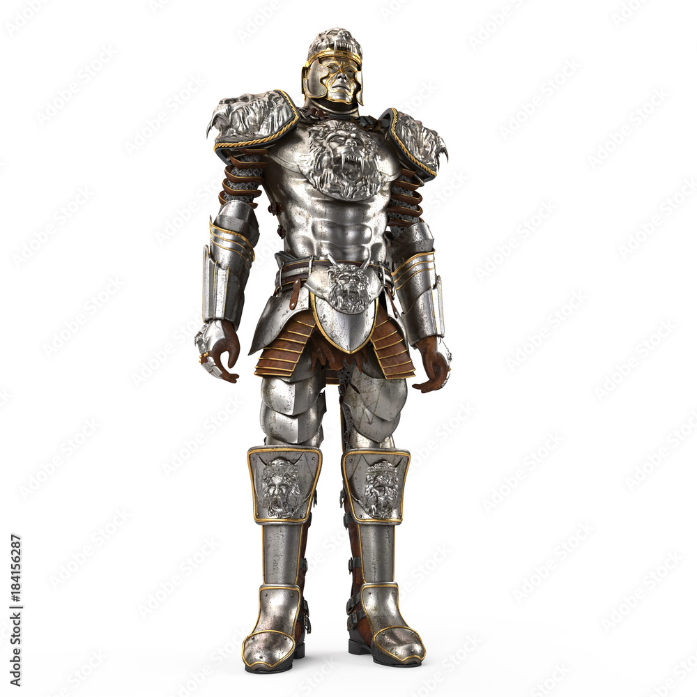 A lion full body armor suit isolated against white background. 3d illustration A lion full body armor suit isolated against white background. 3d illustration