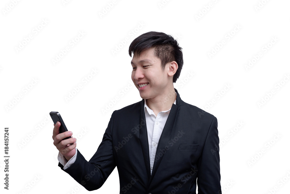 Asia businessman has holding a phone for working with smile and happy isolated on white background. Asia businessman has holding a phone for working with smile and happy isolated on white background.