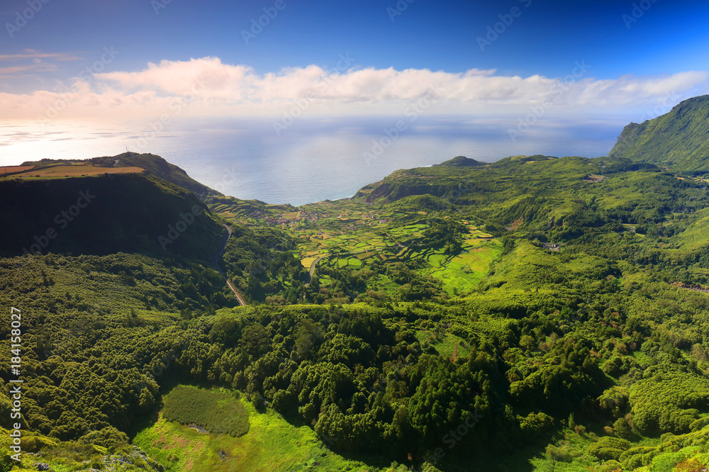 Green summer landscape on the Island of Flores, Azores, Portugal, Europe