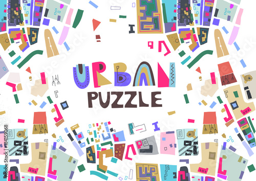 Vector trendy horizontal poster with colorful map fragments and text "Urban Puzzle".