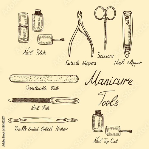Basic nail tools, outline classical manicure collection of tools, hand drawn doodle sketch with inscription, isolated vector color illustration