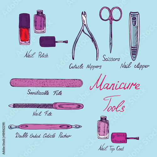 Basic nail tools, pink classical manicure collection of tools, hand drawn doodle sketch with inscription, isolated vector color illustration