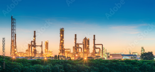 Landscape of Oil Refinery Plant and Manufacturing Petrochemical at Twilight Sunset Scenic View, Industry of Power Energy and Chemical Petroleum Product Factory. Building of Chemical Production Line