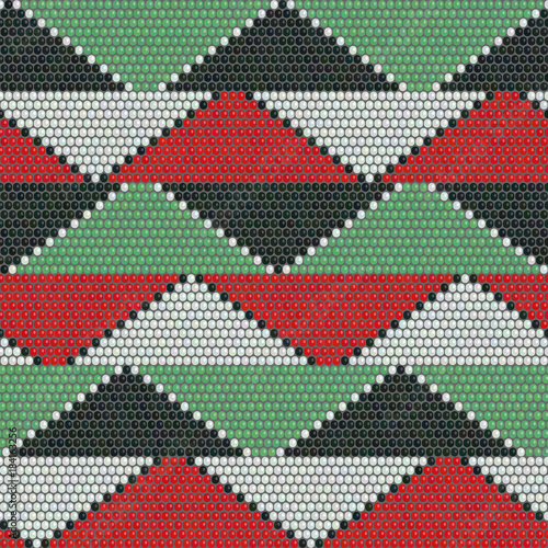 Bead ornaments. Abstract seamless pattern. African mosaic motif. Indigenous culture. Dark background. Simple backdrop for decoration, wallpaper or handywork.