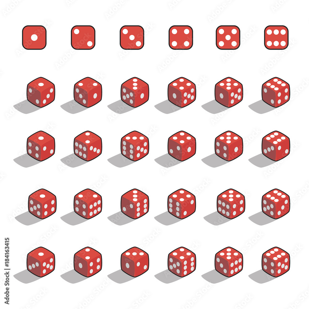 Set of red isometric dice.  Vector illustration. 