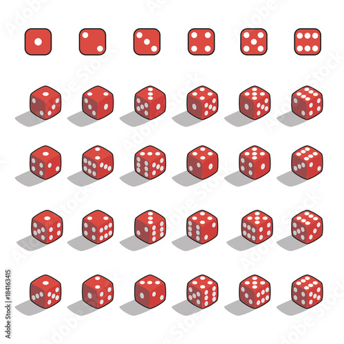 Set of red isometric dice.  Vector illustration. 