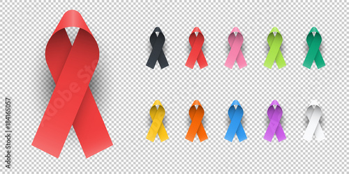 Realistic Colorful Awareness Ribbons Design Element Banner Emblem Sign Symbol Vector Illustration Various Colors on Transparent Background