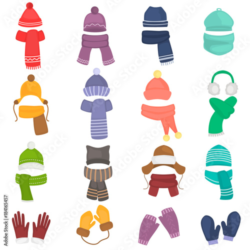 Set of winter hats and scarfs color flat icons photo