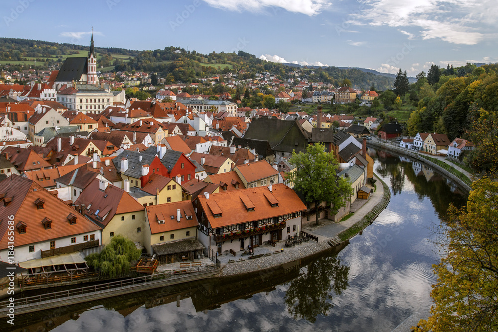 View to Cesky Krumlov and  river Vltava, view of the city from the top. Czech Republic. Historical town. UNESCO World Heritage.