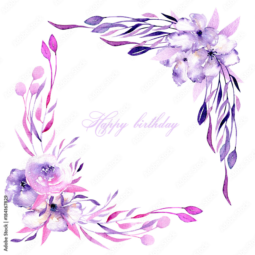 Corner border with watercolor purple roses, rhododendron flowers and ...