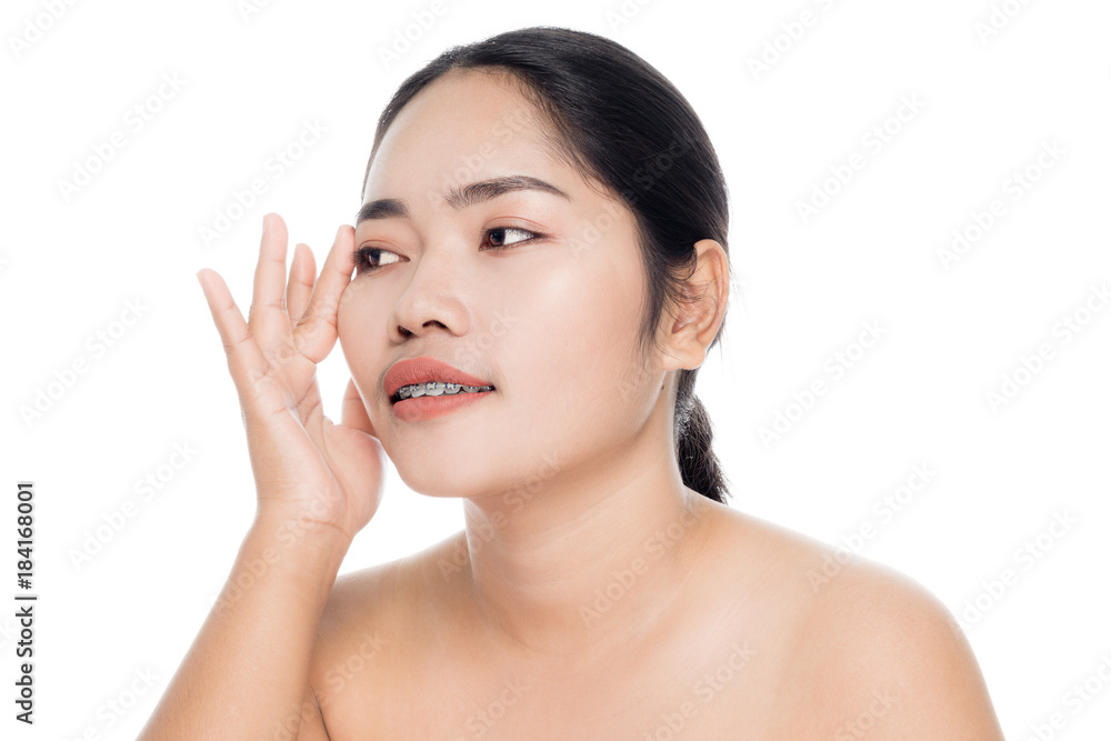Beautiful woman face close up portrait studio on white background Beautiful woman face close up portrait studio on white background