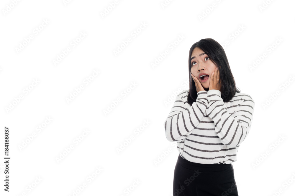 Beautiful asian woman is dreaming to her success, portrait studio on white background Beautiful asian woman is dreaming to her success, portrait studio on white background