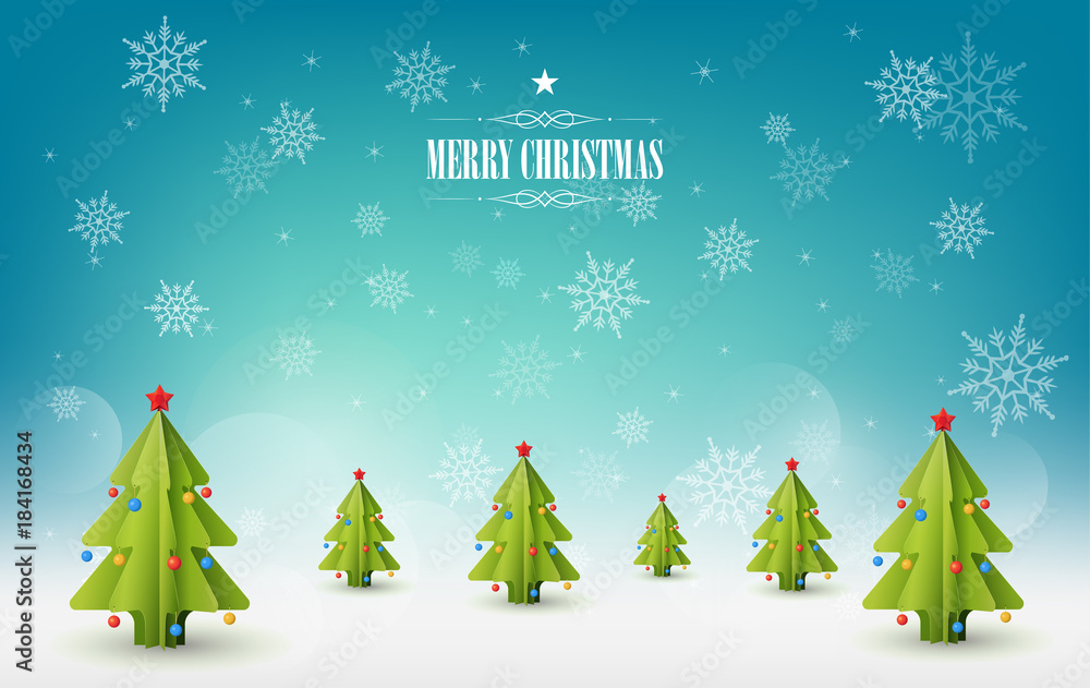 Φωτογραφία Merry Christmas background, A lot of Christmas pine trees and snowflakes in Snow