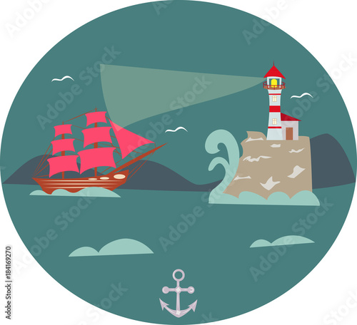 маяк в море, корабль