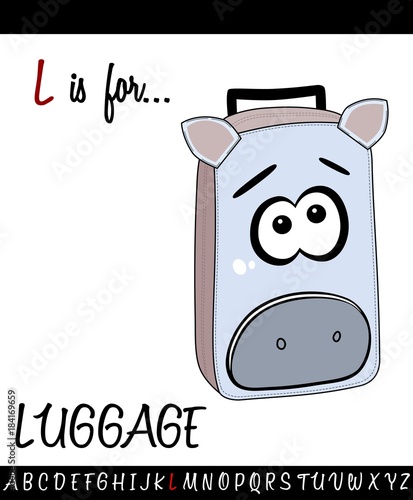 Illustrated vocabulary worksheet card with cartoon LUGGAGE