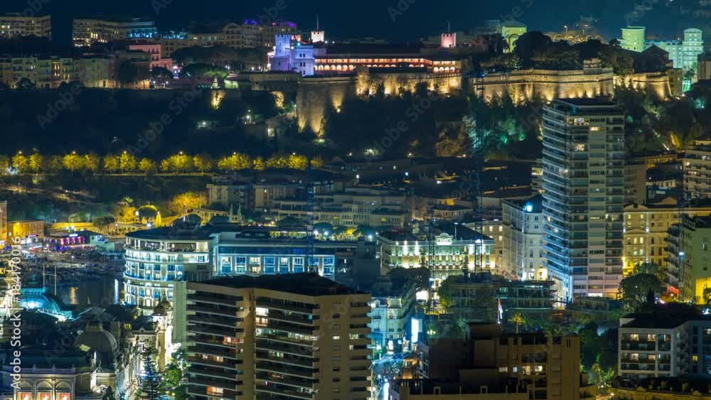 Aerial top view of Monaco from the grand corniche road night timelapse, Monaco France Aerial top view of Monaco from the grand corniche road night timelapse, Monaco France