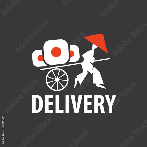 Delivery sushi. Vector logo. A Chinese man with cart.