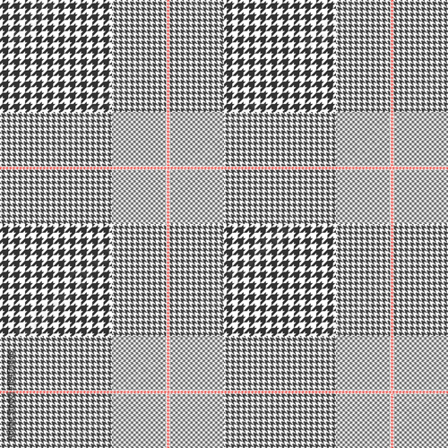 Prince of Wales check in black and white with red overcheck. Glen plaid. Seamless pattern.