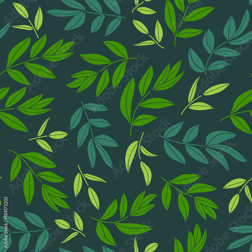Green floral seamless pattern with branches and leaves. Botanic background. Vector illustration.