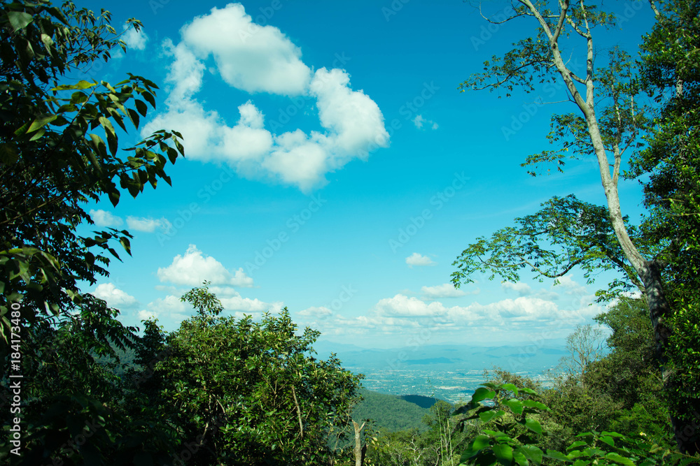 Obraz premium Beautiful landscape mountain view with green forest , blue sky and cloudy. The good travel for relax , the attractions in northern of Thailand.