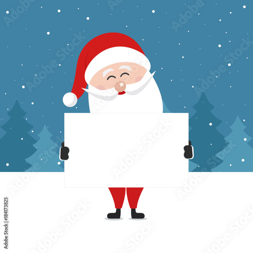 santa claus hold empty banner merry christmas greeting text winter landscape night background © Pixasquare